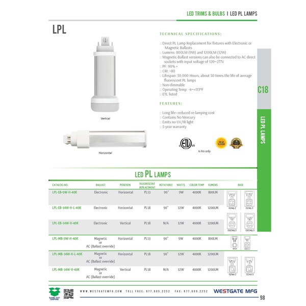 LED PL Lamp, Long Horiz, 12W, (18W Repl.), G24Q/GX24Q, Electronic Ballast,  1200Lm, 80CRI, 4000K